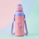 Kids Smart Sipper Bottle with Button-Open Lid, Neck Strap & Helicopter Cap Design (Pink Fairy)-1