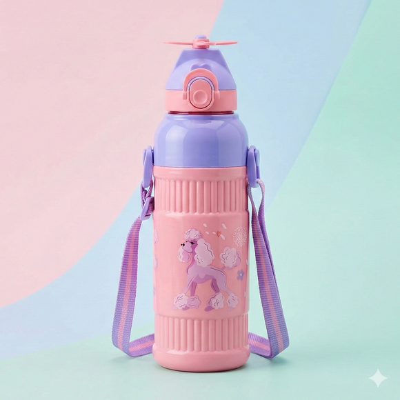 Kids Smart Sipper Bottle with Button-Open Lid, Neck Strap & Helicopter Cap Design (Pink Fairy)