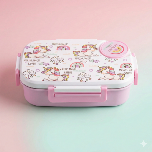 Insulated Steel Lunch Box 500ml with Sweet Box & Spoon | Leak-Proof Kids Tiffin | Hot & Fresh Meals On-the-Go (White Unicorn)