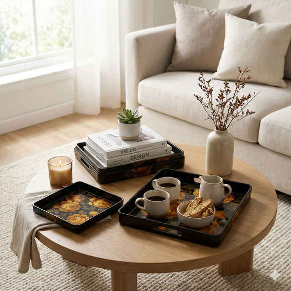 Comfy Homes™ Premium Multi-Purpose Melamine Tray Set (Set of 2)Medium & Large) (Yellow Lotus)
