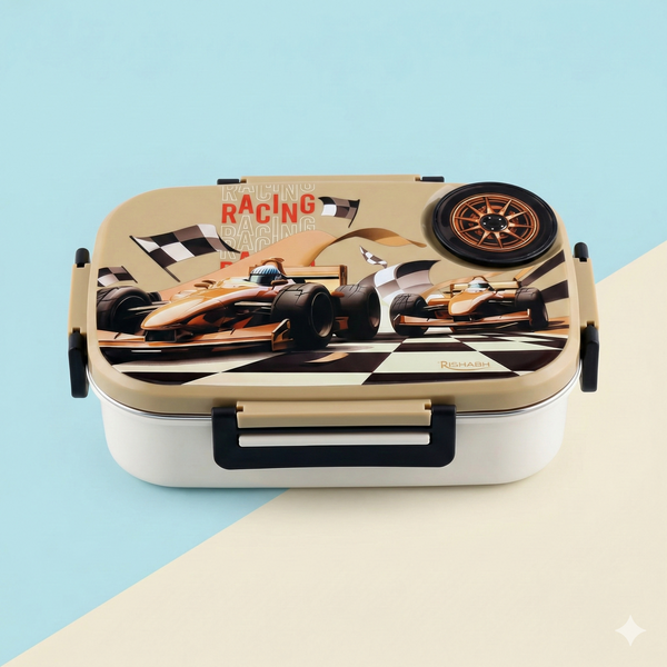 Insulated Steel Lunch Box 500ml with Sweet Box & Spoon | Leak-Proof Kids Tiffin | Hot & Fresh Meals On-the-Go (Yellow Racer)