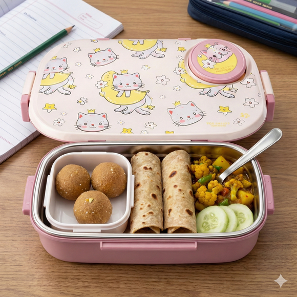 Insulated Steel Lunch Box 500ml with Sweet Box & Spoon | Leak-Proof Kids Tiffin | Hot & Fresh Meals On-the-Go (Pinky Cat)
