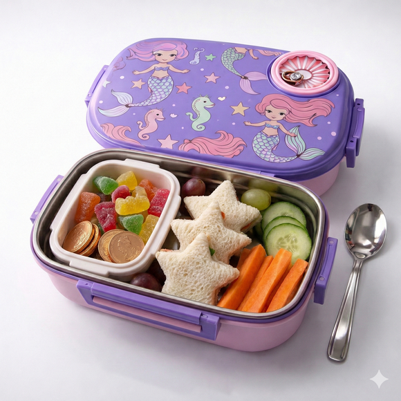 Insulated Steel Lunch Box 500ml with Sweet Box & Spoon | Leak-Proof Kids Tiffin | Hot & Fresh Meals On-the-Go (Purple Mermaid)