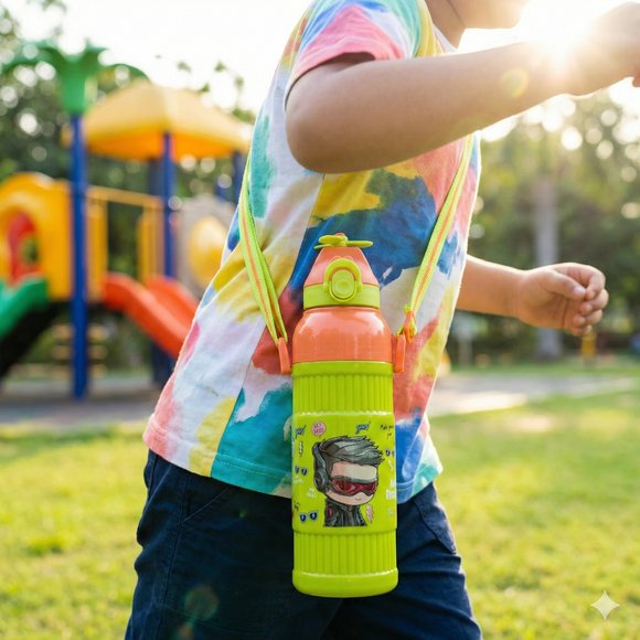 Kids Smart Sipper Bottle with Button-Open Lid, Neck Strap & Helicopter Cap Design (Green Rockstar)