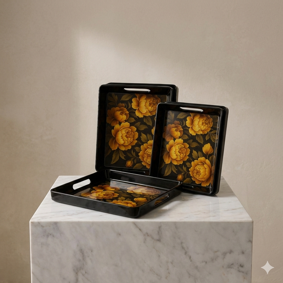 Comfy Homes™ Premium Multi-Purpose Melamine Tray Set (Set of 2)Medium & Large) (Yellow Lotus)