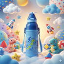 Kids Smart Sipper Bottle with Button-Open Lid, Neck Strap & Helicopter Cap Design (Blue Dinosaur)-3