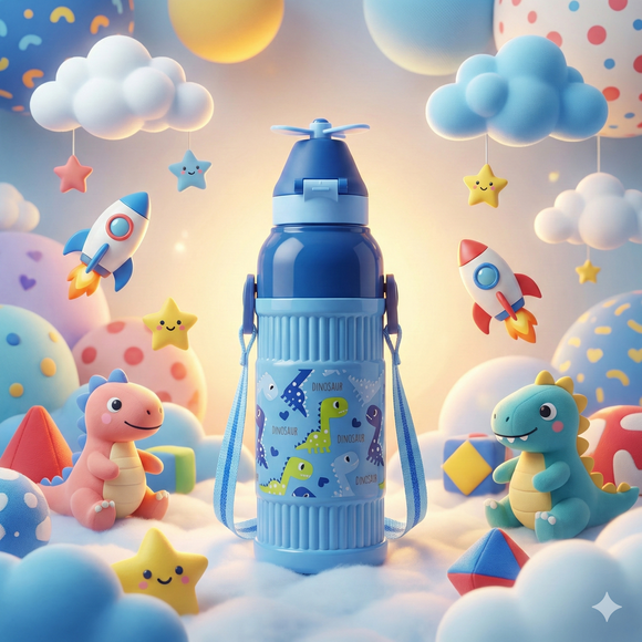 Kids Smart Sipper Bottle with Button-Open Lid, Neck Strap & Helicopter Cap Design (Blue Dinosaur)