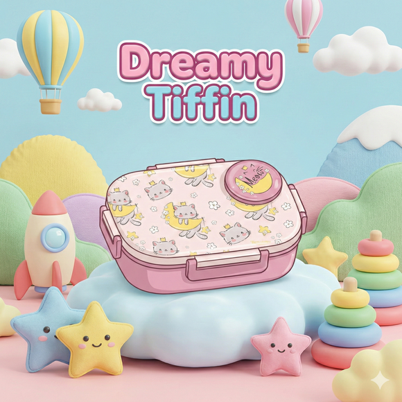 Insulated Steel Lunch Box 500ml with Sweet Box & Spoon | Leak-Proof Kids Tiffin | Hot & Fresh Meals On-the-Go (Pinky Cat)