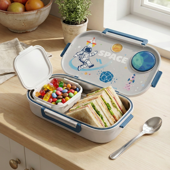 Insulated Steel Lunch Box 500ml with Sweet Box & Spoon | Leak-Proof Kids Tiffin | Hot & Fresh Meals On-the-Go (Grey Alien)