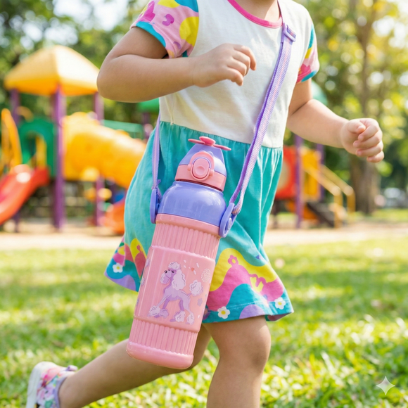 Kids Smart Sipper Bottle with Button-Open Lid, Neck Strap & Helicopter Cap Design (Pink Fairy)