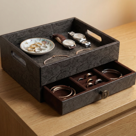 The Triad Collection: Handcrafted Vegan Leather Desk Organizer - 3 Slot (Marble Grey)