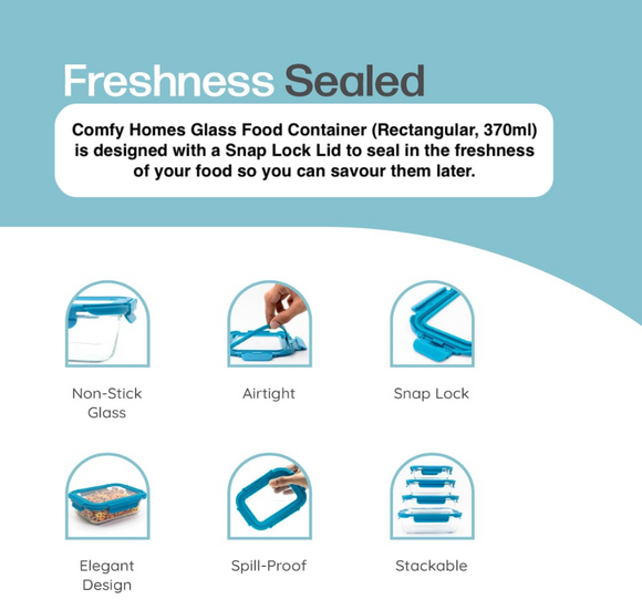 Comfy Homes Glass Container Set of 1 | Lunch & Storage Box for School, Office | Easy to carry and Durable | (370ml)